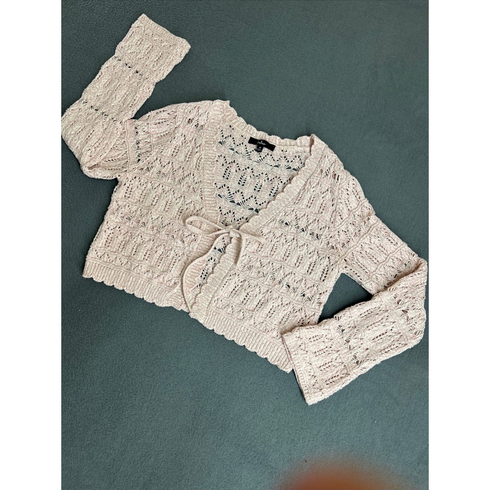 Lulus Cardigan Women M Pink Pointelle Knit Cropped Tie Front Long Sleeve Boho